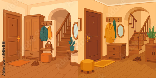 A vibrant vector illustration of a cozy hallway featuring a wooden door, cabinets, and stylish decor. Ideal for home design or interior decoration themes.