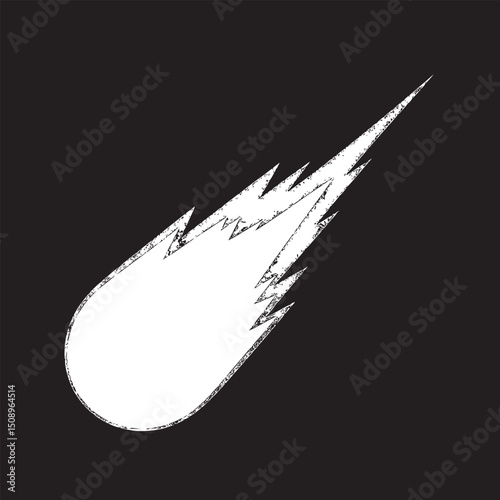 Illustration of a stylized comet with a white body and orange and yellow flames on a black background