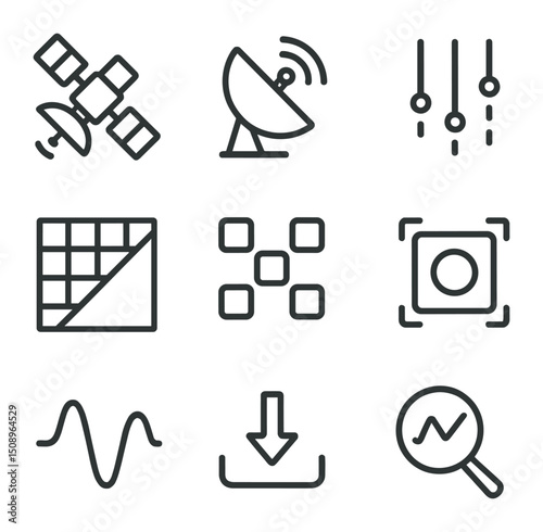 Satellite Imaging Icons. Outline icon set of satellite imaging puzzle: satellite, radar dish, data stream, grid overlay, pixel