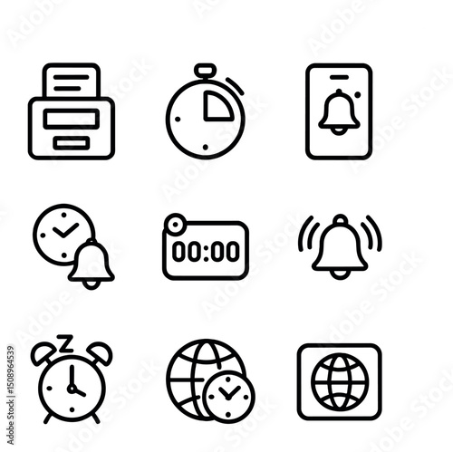 Time Management Icons. Outline icon set of time tracking and reminders: digital punch clock,