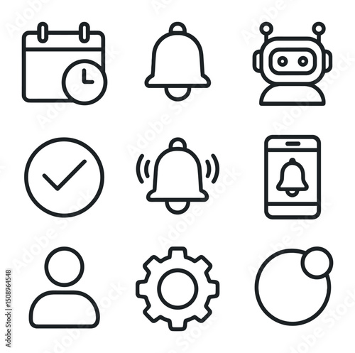 Scheduling Icons Grid. Outline icon set of scheduling and appointment bots: calendar with clock, bell reminder, chatbot avatar,