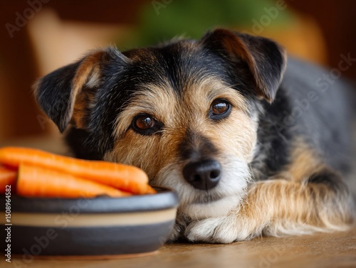 Patient pup gazes at carrots