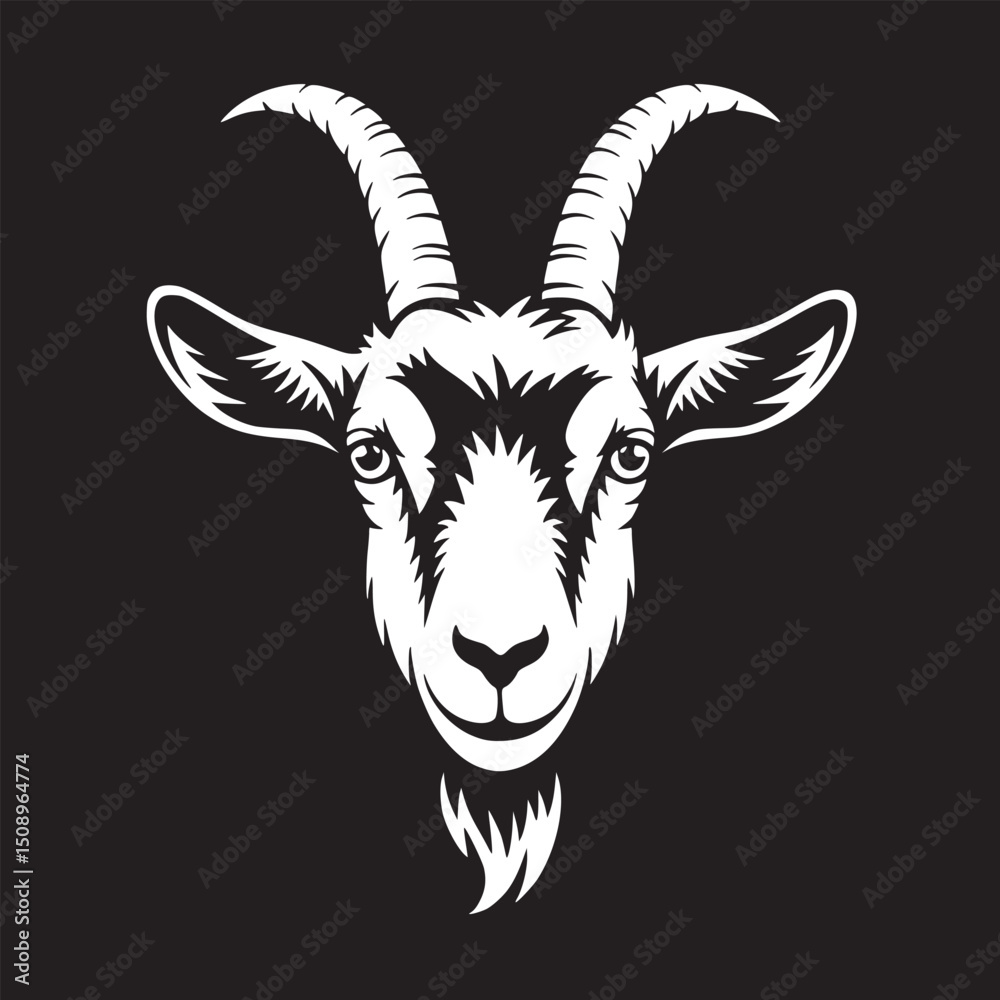 Naklejka premium A stark white goat head illustration with detailed horns and beard on a black background design art