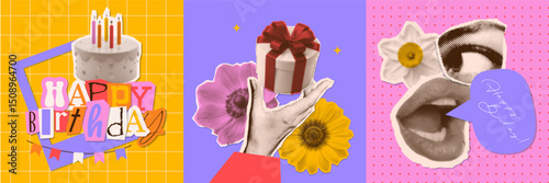 Happy birthday Halftone Y2k collage square cards set. Retro Hand giving present, mouth saying congratulations, bday cake with candles. Event, holiday, mixed media style cards. Vector illustration