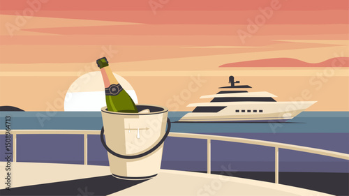 A serene sunset scene featuring a champagne bucket on a yacht deck. The warm colors of the sky complement the sleek yacht gliding over calm waters, evoking a sense of luxury and relaxation.