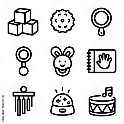 Sensory Toy Icons. Outline icon set of sensory stimulation: colored blocks, textured ball, mirror toy, rattle, teether, tactile