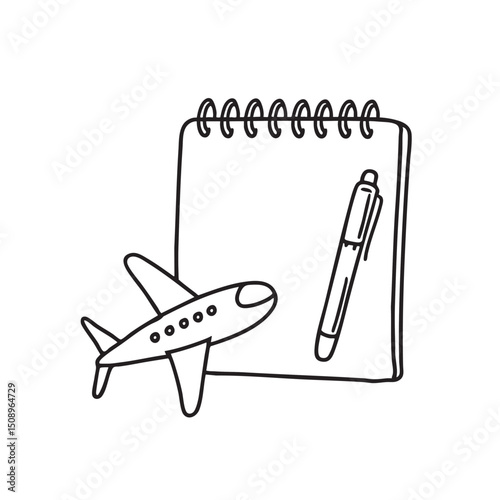 A toy airplane resting near a sketchbook and pen
