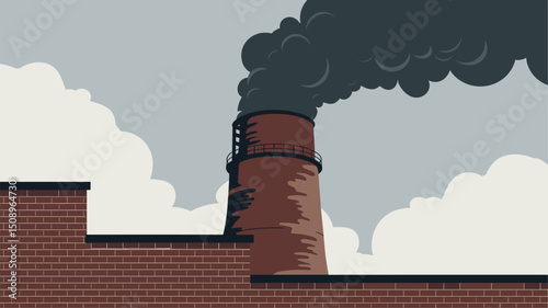 A vector illustration depicting a factory chimney emitting dark smoke against a muted sky. Ideal for environmental and industrial themes, showcasing pollution concerns.