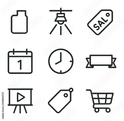 Product Launch Icons. Outline icon set of product launch posters: product silhouette, spotlight, sale tag, calendar date,
