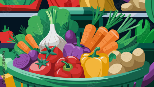 A vibrant collection of fresh vegetables including carrots, bell peppers, tomatoes, and more, displayed in a market basket, perfect for healthy eating themes.