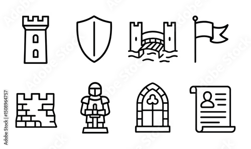 Medieval icons collection featuring castle, knight, and heraldry elements