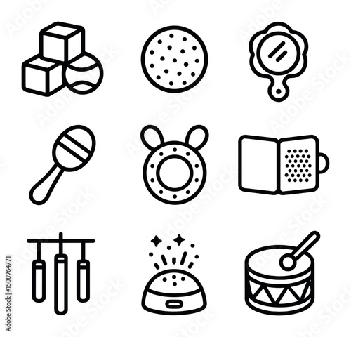 Sensory Toy Icons. Outline icon set of sensory stimulation: colored blocks, textured ball, mirror toy, rattle, teether, tactile