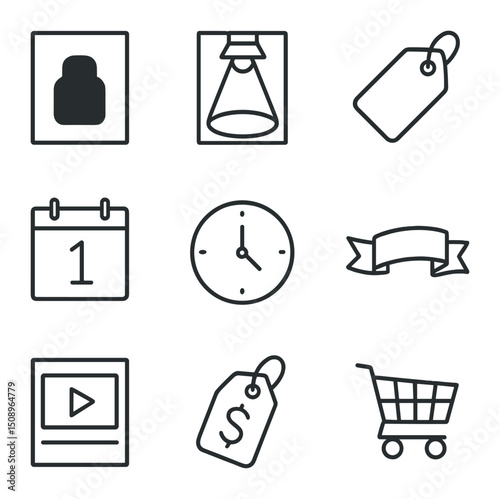 Product Launch Icons. Outline icon set of product launch posters: product silhouette, spotlight, sale tag, calendar date,