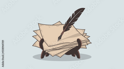 A classic illustration featuring a quill placed on a stack of aged papers, neatly arranged on a wooden holder. Perfect for themes of writing, creativity, and literature.