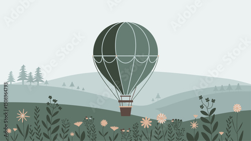 A tranquil scene featuring a hot air balloon rising above gentle hills adorned with blooming flowers and lush greenery, perfect for conveying adventure and nature.