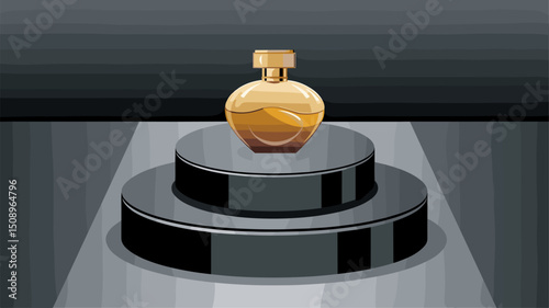 This vector image showcases a sleek golden perfume bottle elegantly placed on a dark pedestal. Soft lighting highlights the bottle's curves, creating a sophisticated atmosphere perfect for c...