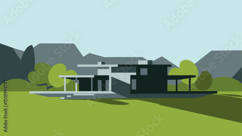 Stylish vector illustration of a contemporary house situated in a serene landscape. The structure features clean lines, surrounded by green trees and mountains.