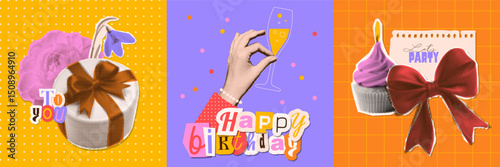 Happy Birthday square cards and invitations set with flowers, gift,, cupcake, and hand holding champagne glass. Birthday party, celebration, congratulations, invitation concept. Vector illustration.