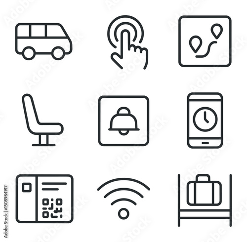 Shuttle Service Icons. Outline icon set of on-demand shuttle services: mini-bus silhouette, hail button, route preview, seat icon,