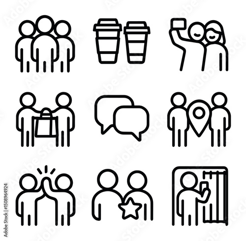 Shopping with Friends Icons. Outline icon set of shopping with friends: group of avatars, coffee cups, selfie pose, shared