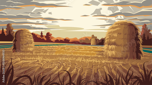 A vibrant vector depiction of a wheat field at dusk, featuring stacked hay bales under a colorful sky with clouds. The landscape showcases rolling hills and trees in the background.