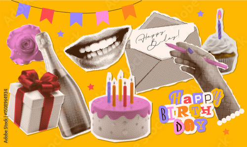 Happy Birthday vintage halftone collage stickers set in retro dotted zine design. Collection with hand, olding holiday cake with candles, champagne bottle, flower, gift box. Vector illustration.
