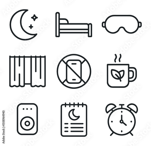 Sleep Hygiene Icons. Outline icon set of sleep hygiene programs: moon icon, bed silhouette, eye mask, blackout curtain, no phone