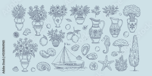 "Colorful Hand-Drawn Marine Life and Ocean Creatures – Dolphins, Whales, Turtles, Fish, and Coral Vector Set"