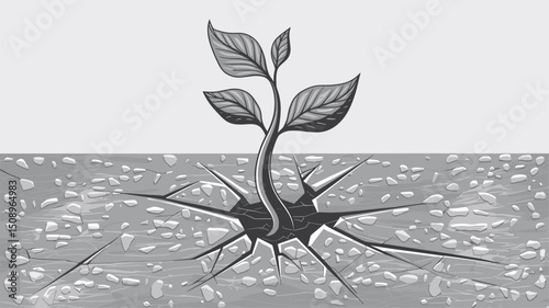 An illustration of a young plant emerging from cracked earth, symbolizing resilience and growth amid adversity. A striking representation of hope and determination in nature.