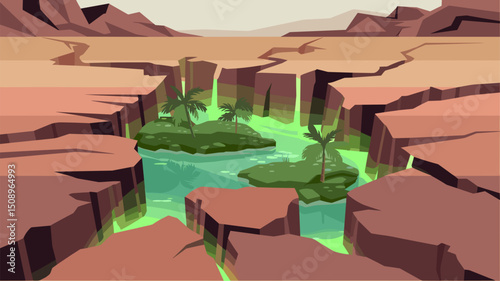 A stylized vector illustration of a cracked canyon landscape featuring lush green islands with palm trees. A vibrant contrast to the barren surroundings, showcasing nature's resilience.