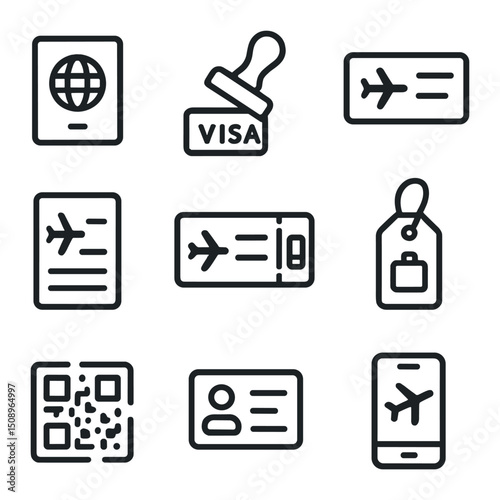 Travel Document Icons. Outline icon set of airline travel documents: passport, visa stamp, boarding