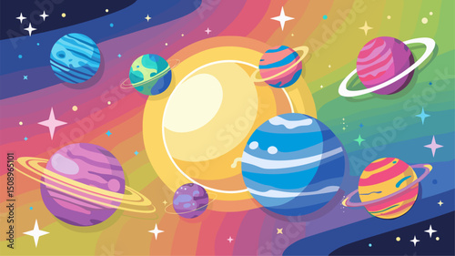 A vibrant vector illustration showcasing a variety of planets, with rings and starry accents against a colorful cosmic background. Perfect for space-themed projects.