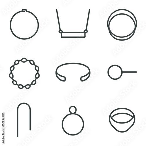 Minimal Jewelry Icons. Outline icon set of minimal jewelry pieces: thin hoop earring, bar necklace, stacking ring, chain bracelet,
