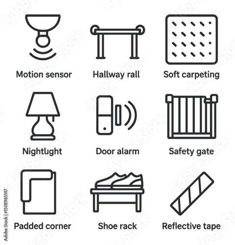 Sleepwalking Safety Icons. Outline icon set of sleepwalking safety measures: motion sensor light, hallway rail, soft carpeting,