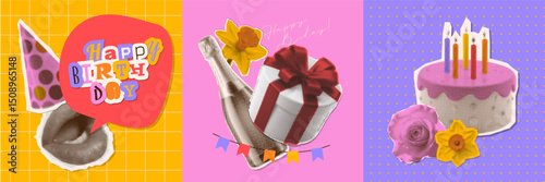 Happy birthday square greeting cards templates set. Vector halftone collage illustrations of mouth in cap, birthday cake, gift box, champagne bottle, lettering for a invitation or background