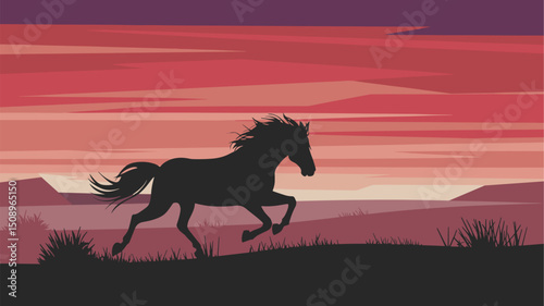 A striking silhouette of a horse galloping across a landscape, set against a vibrant sunset with shades of purple, red, and pink. A perfect image for nature enthusiasts and equestrian themes...