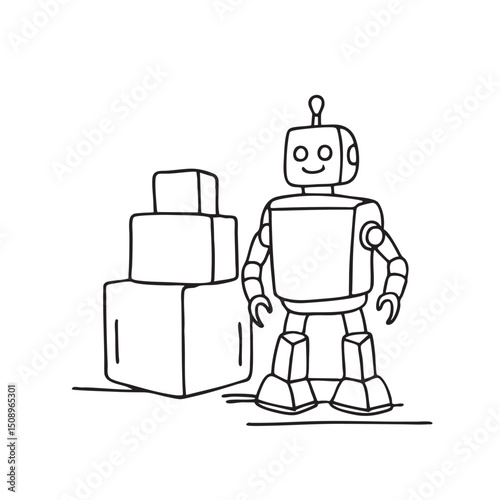A toy robot placed near a stacked box of blocks photo