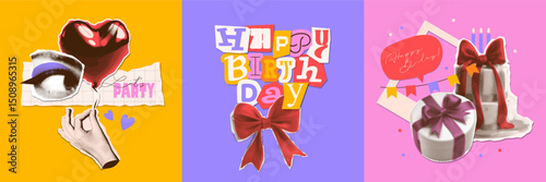 Retro torn out paper Collage Happy birthday cards design in trendy dotted pop art style. Retro halftone effect. Set of birthday elements. Hand with cake, gift, balloon, eye and hand. Vector design