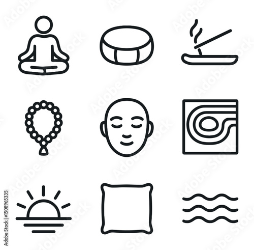Morning Meditation Icons. Outline icon set of morning meditation: lotus pose, meditation cushion, incense stick, chanting beads,