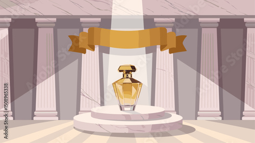 A stylish perfume bottle showcased on a pedestal under a dramatic spotlight, surrounded by classic columns. Perfect for beauty and fragrance marketing.
