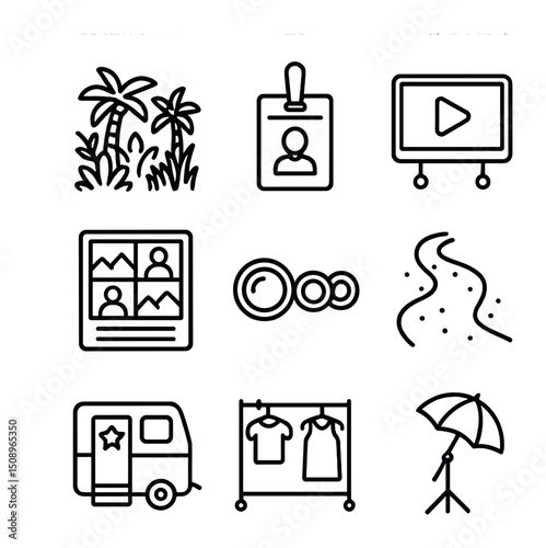 Tropical Movie Set Icons. Outline icon set of exotic film production essentials: drone camera,