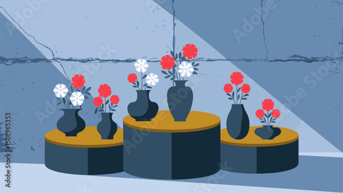 A creative illustration featuring multiple flower vases with red, white, and blue flowers enhancing a modern, minimalist ambiance. Ideal for floral, home decor, or artistic themes.