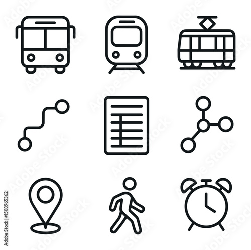 Public Transit Icons. Outline icon set of public transit planners: bus icon, metro train, tram silhouette, route map, timetable,