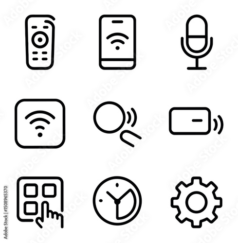 Smart Control Icons. Outline icon set of remote and smart control systems: universal remote, smartphone app, voice assistant mic,