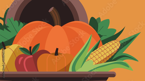 A vibrant autumn harvest scene featuring a variety of pumpkins, apples, and fresh corn set against a warm orange background. Perfect for fall-themed designs.