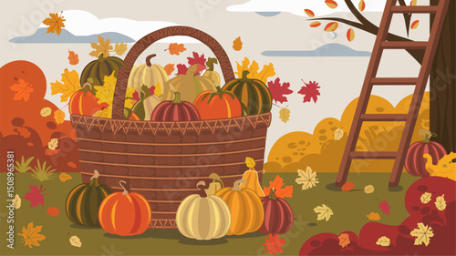 A lively autumn scene featuring a woven basket overflowing with various pumpkins and vibrant fall leaves. The backdrop includes a tree with changing leaves and a ladder, enhancing the season...
