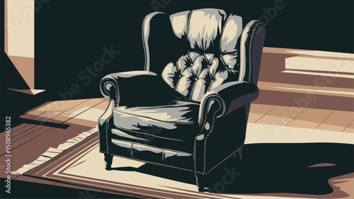 A beautifully illustrated vintage leather armchair with tufted design, set against a sunlit room backdrop. Perfect for interior design concepts.