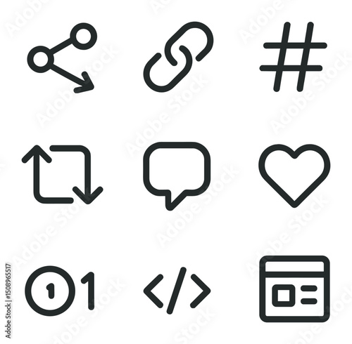 Social Media Icons. Outline icon set of social media sharing: share button, link icon, hashtag, retweet arrow, comment bubble,