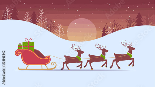 A cheerful holiday scene featuring a sleigh pulled by reindeer across a snowy landscape. Presents are nestled in the sleigh, creating a festive atmosphere amidst snowy trees.