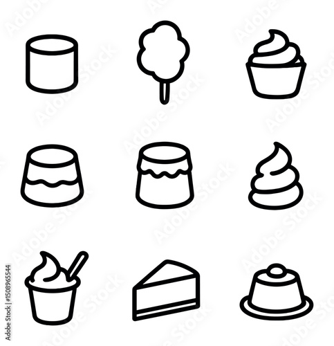 Soft Foods Icons. Outline icon set of soft foods: marshmallow, cotton candy, mousse, pudding, soufflé, whipped cream, yogurt,